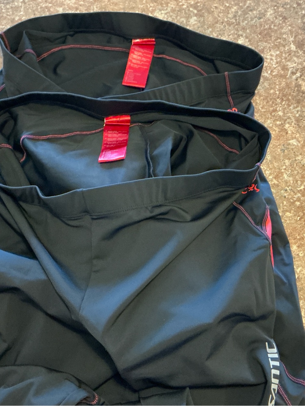 Two Identical Black Athletic Compression Biking Pants, Orange Contrast Stitching
